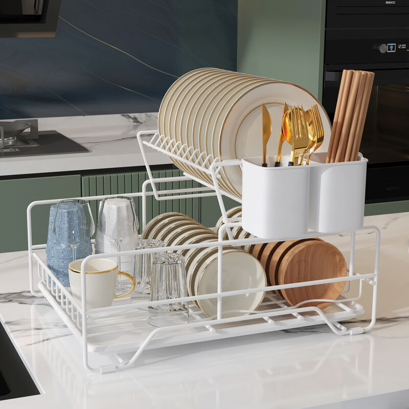 Dish Drying Rack, Metel 2-Tier Dish Rack Utensil Holder Kitchen White