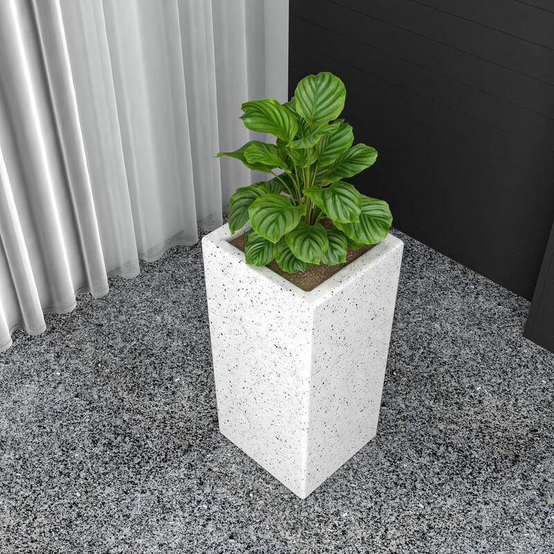 LeisureMod Terra Series Poly Stone Planter in Dotted White 13 x 13 27.6 High