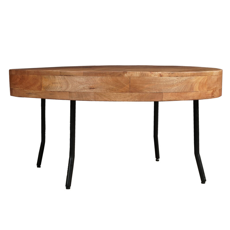 32 Inch Coffee Table, Handcrafted Mango Wood Round Top, Black Metal Angled Legs - Benzara