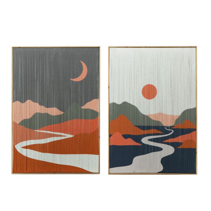 27 x 38 Wall Art Set of 2, Day and Night Design, Fir Wood, Orange, Gray - Benzara