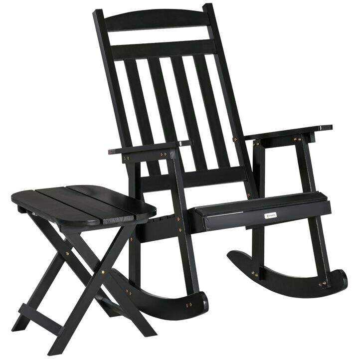 Black Wooden Outdoor Rocking Chair: 2-Piece Porch Rocker Set with Foldable Table for Patio, Backyard, and Garden