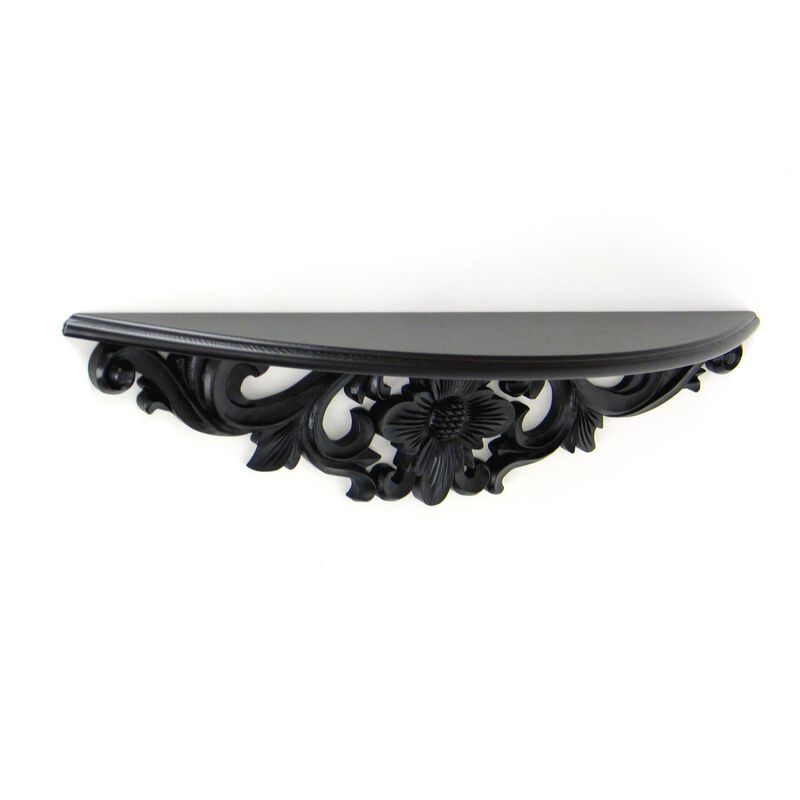 Hand Carved Wooden Moonbay Wall Shelf in Floral Design, Black-Benzara