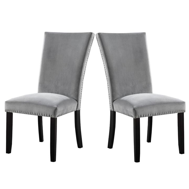 28 Inch Dining Side Chair Set of 2, Padded Gray Flannelette, Black Wood - Benzara