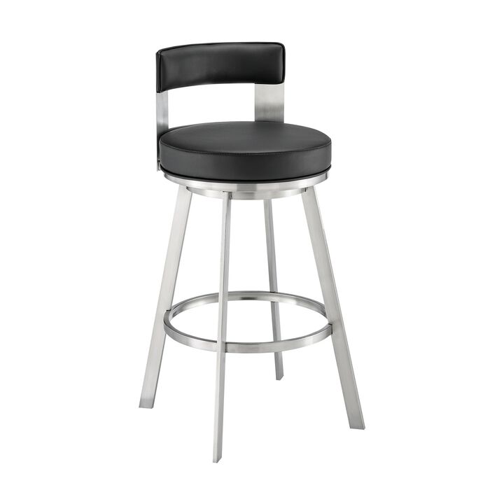 Ami 30 Inch Swivel Barstool Chair, Black Faux Leather, Stainless Steel - Benzara