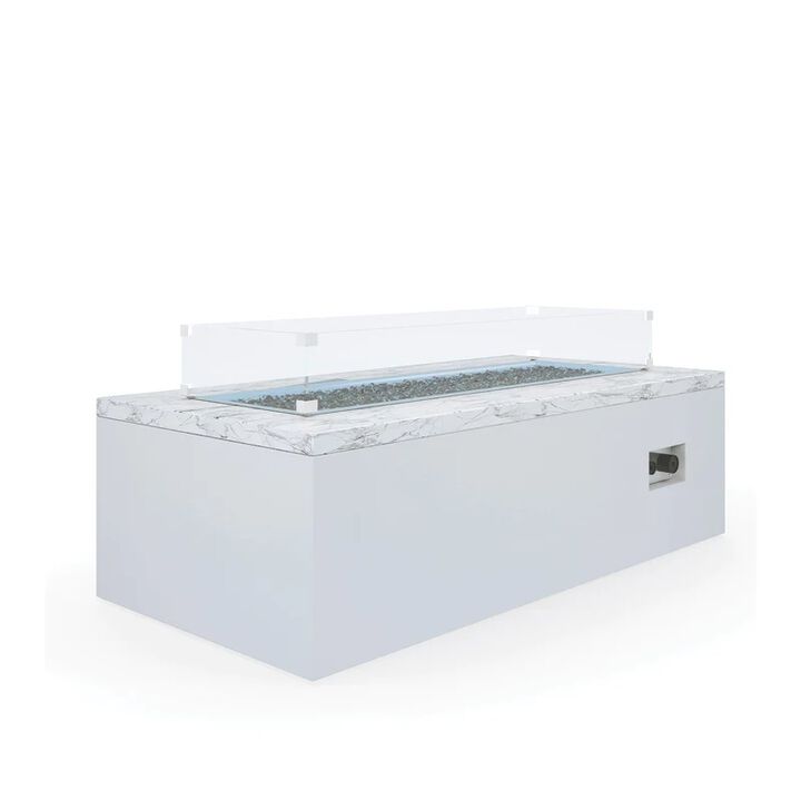 White Carrara Marble Rectangular Fire Table w/ Glass Surround