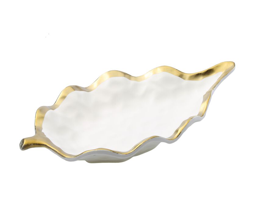 White Porcelain Leaf Dish Bowl with Gold Rim