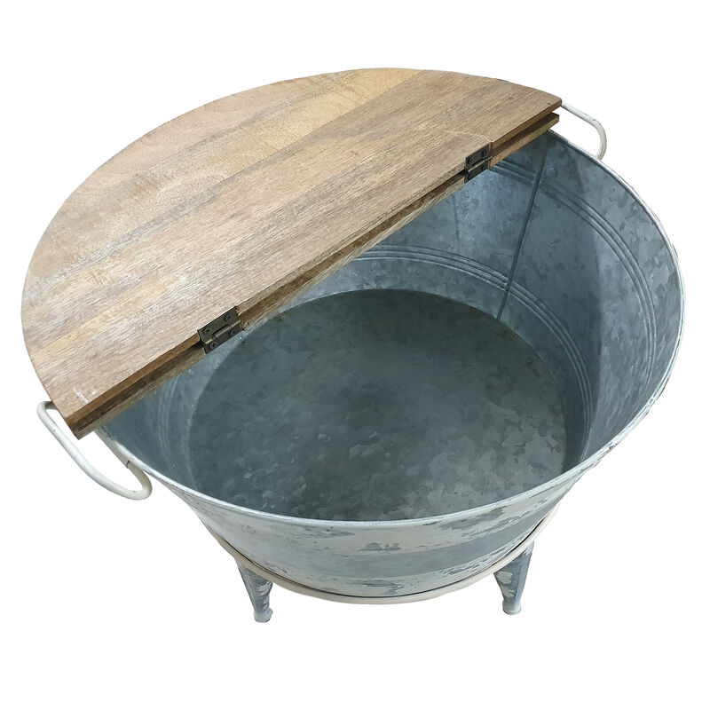 26 inch Accent Round Cocktail Table, Tub Like Iron Base, Brown, Gray, Washed White - Benzara