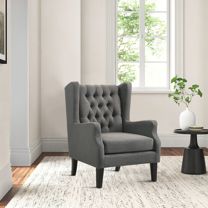 Keva 31 Inch Accent Chair, Deep Button Tufted Wingback, Soft Gray Fabric-Benzara