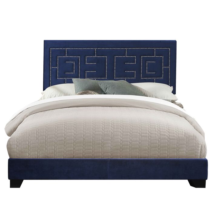 Fabric Eastern King Bed with Geometric Pattern Nailhead Trims, Blue-Benzara