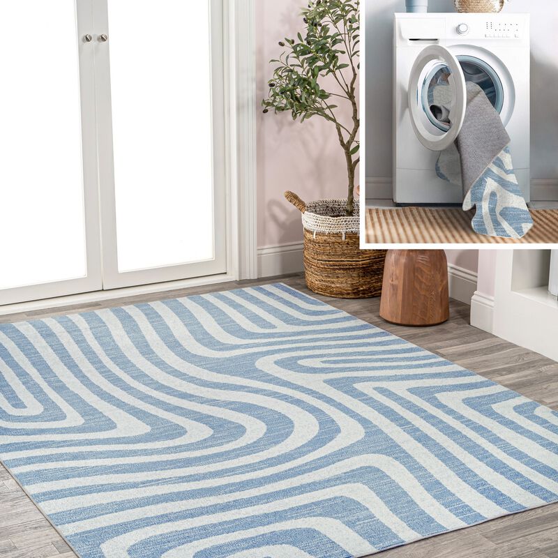 Maze Abstract Two-Tone Low-Pile Machine-Washable Blue/Cream Area Rug