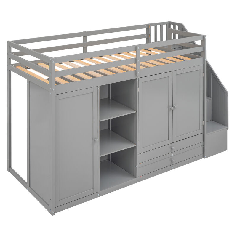 Functional Loft Bed with 3 Shelves, 2 Wardrobes and 2 Drawers, Ladder with Storage, No Box Spring Needed, Gray