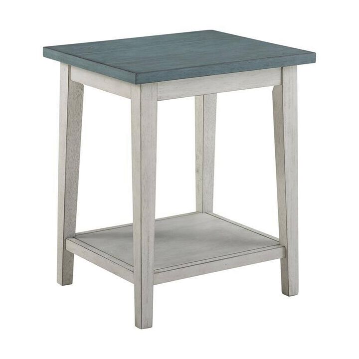 Eleni 24 Inch Side Table, Square Bottom Shelf, Antique White and Teal Wood - Benzara