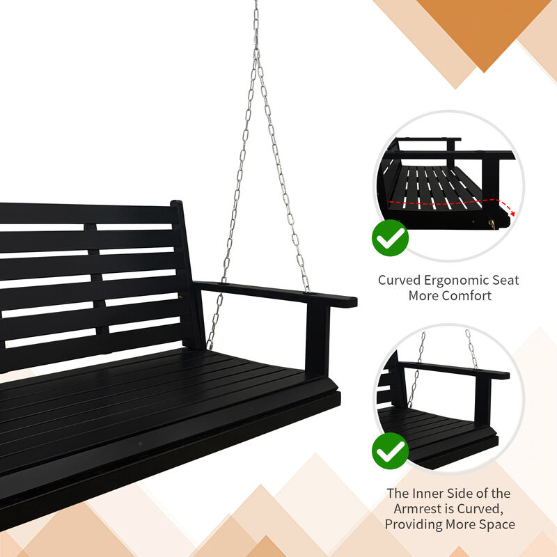 Mega Casa Wooden Porch Swing 3-Seater, Bench Swing with Cupholders, Hanging Chains and 7mm Springs, Heavy Duty 800 LBS, for Outdoor Patio Garden Yard (Matte Black - 5 feet)