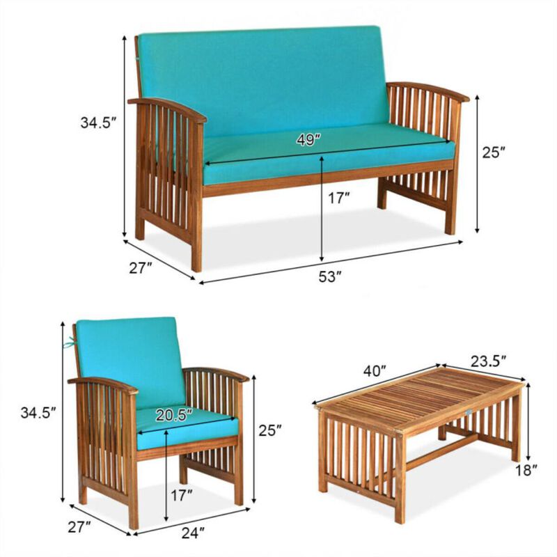 Hivvago 4 Pieces Patio Solid Wood Furniture Set with Water Resistant Cushions