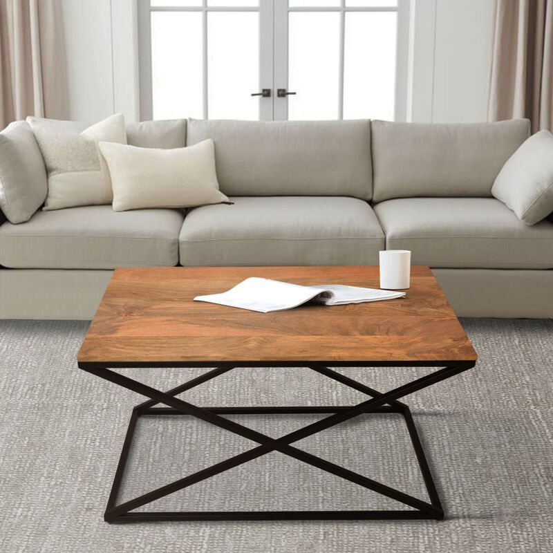 35 Inch Wooden Rectangle Coffee Table with X Shaped Metal Frame, Brown and Black