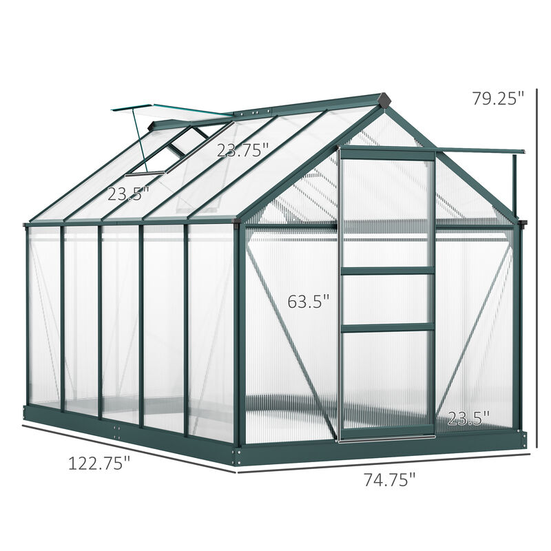 Outsunny 6' x 4' x 6.5' Polycarbonate Greenhouse, Heavy Duty Outdoor Aluminum Walk-in Green House Kit with Rain Gutter, Vent and Door for Backyard Garden, Dark Green