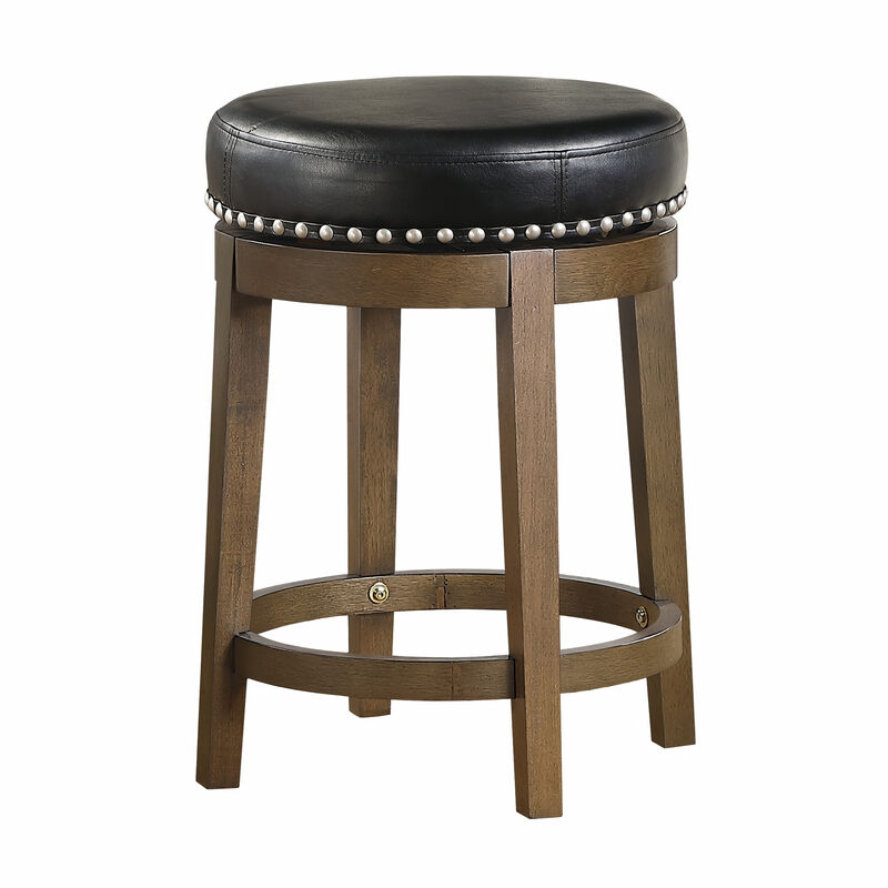 Bara 25 Inch Swivel Counter Stool, Black Round Faux Leather, Brown, Set of 2 - Benzara