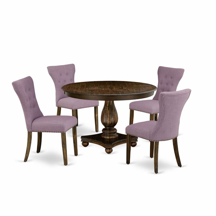 East West Furniture F2GA5-740 5Pc Dining Room Set - Round Table and 4 Parson Chairs - Distressed Jacobean Color