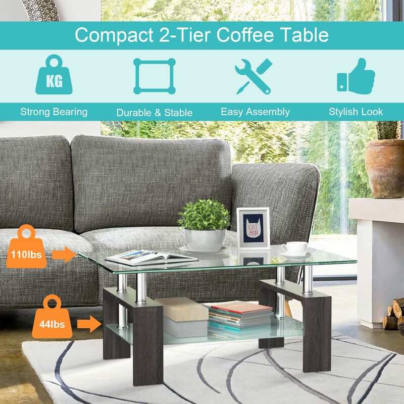 Rectangular Tempered Glass Coffee Table with Shelf-Black