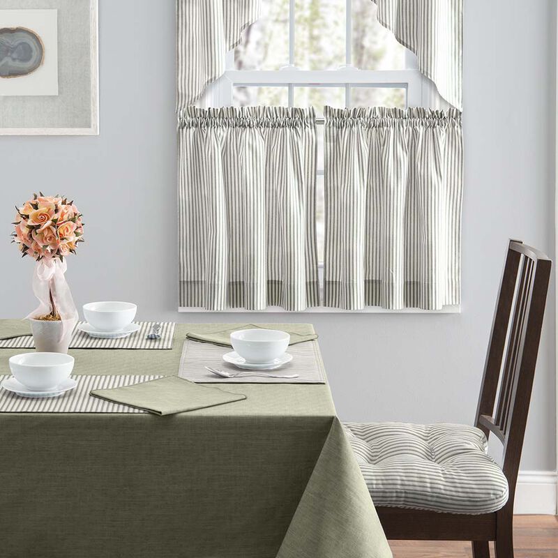 Ellis Curtain Plaza Classic Ticking Stripe Printed on 1.5" Rod Pocket Natural Ground Tailored Swag 56" x 36"