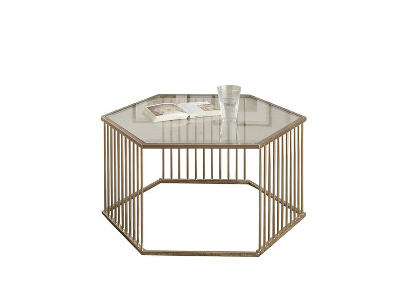 Homezia 34" Champagne And Clear Glass And Metal Hexagon Coffee Table