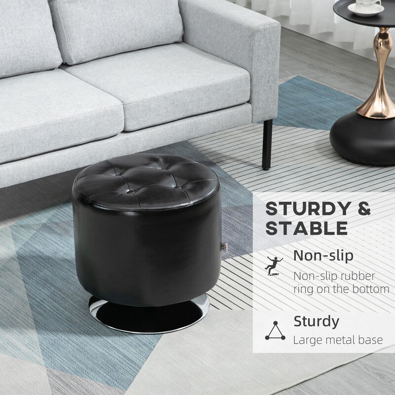 HOMCOM 360° Swivel Foot Stool Round PU Ottoman with Thick Sponge Padding and Solid Steel Base, Black