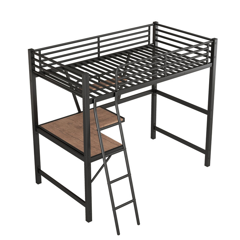 Merax Metal Frame Loft Bed with Desk and Shelf