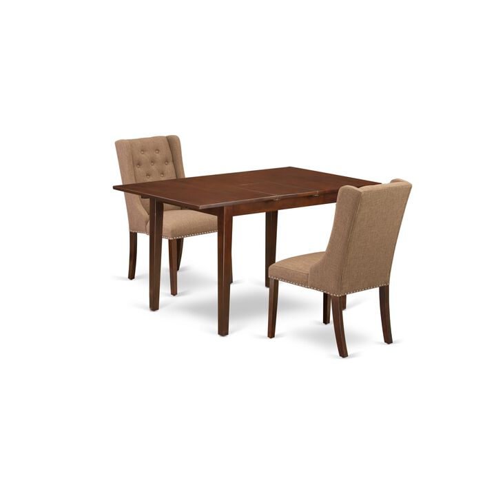 East West Furniture East West Furniture NFFO3-MAH-47 3-Piece Dinette Set Includes 1 Modern Butterfly Leaf Kitchen Table and 2 Light Sable Linen Fabric Dining Chairs with Button Tufted Back - Mahogany Finish