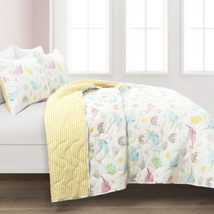 Magical Narwhal Reversible Oversized Quilt White/Multi 3Pc Set Full/Queen