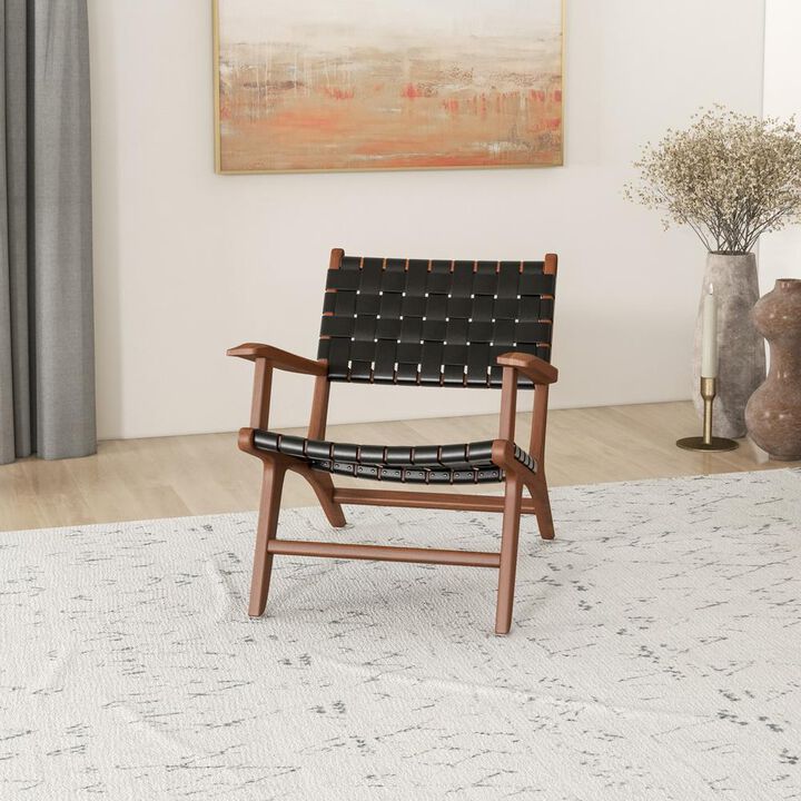 Ashcroft Furniture Co Melody Black Strap Leather Teak Wood Lounge Chair