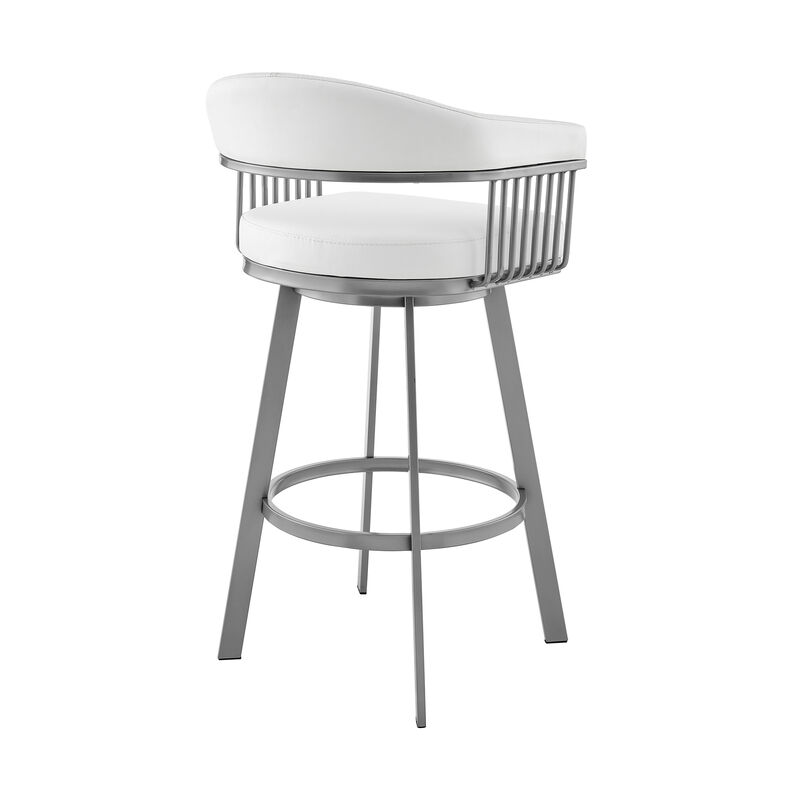 Bronson Bar Height Swivel Bar Stool in Silver finish and White Faux Leather