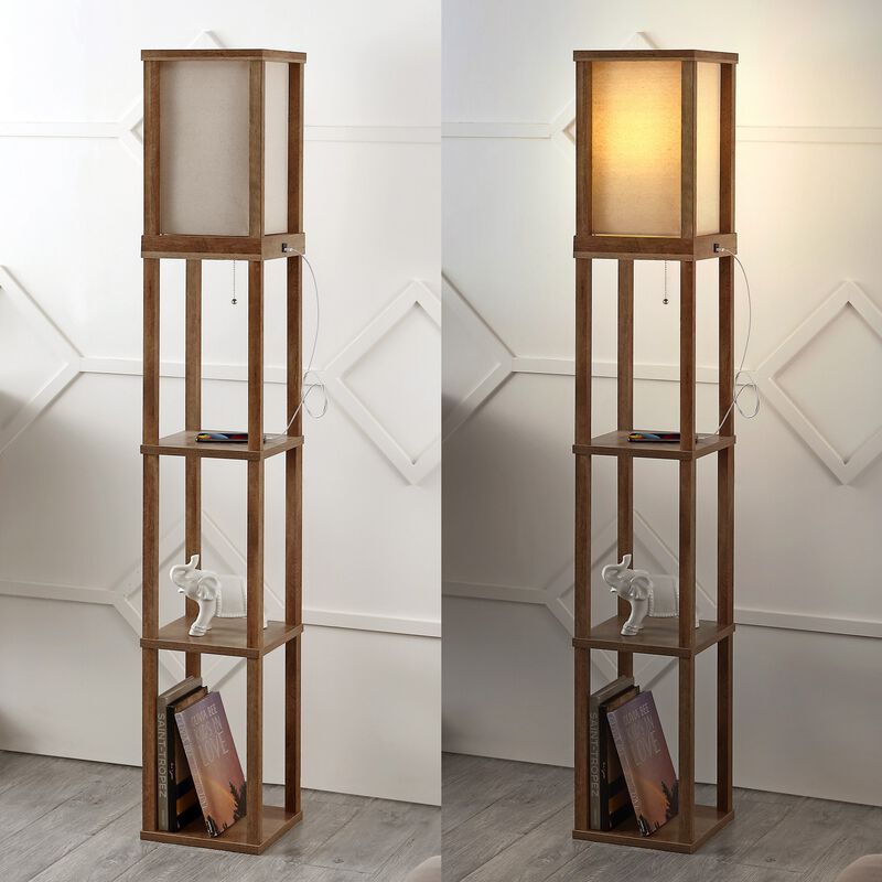 Etagere 63.5" Rustic Bohemian Wooden LED 3-Shelf Floor Lamp with Pull-Chain, USB Charging Port and Smart Bulb, Brown