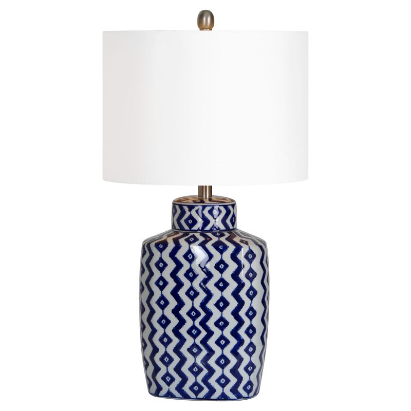 27" White and Blue Geometric Table Lamp with White Drum Shade