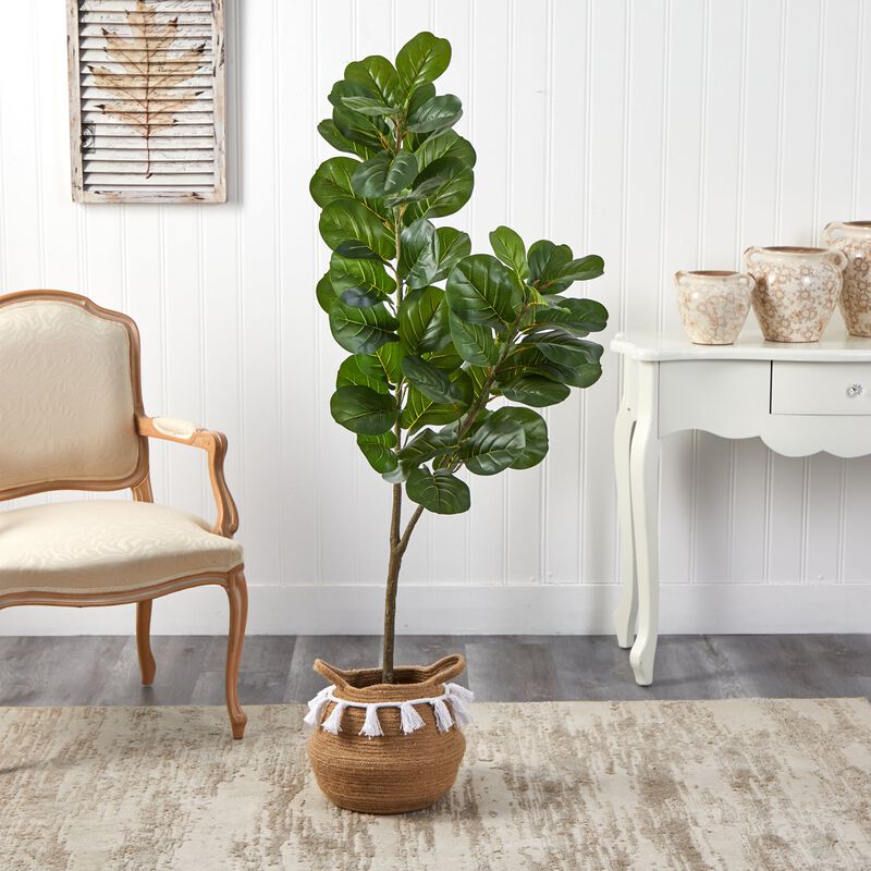 HomPlanti 4.5 Feet Fiddle Leaf Fig Artificial Tree with Boho Chic Handmade Natural Cotton Woven Planter with Tassels