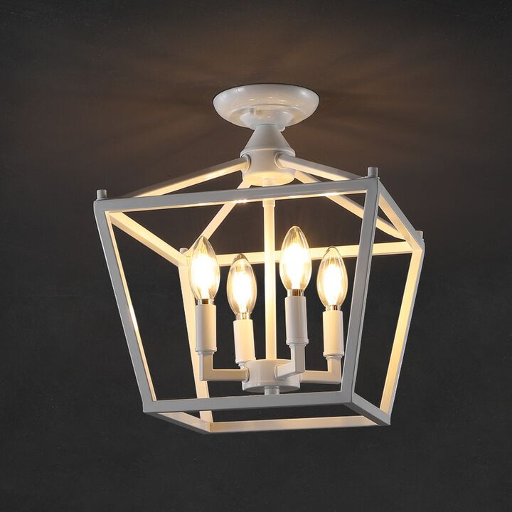 Plains Mini Lantern 12" 4-Light Iron Modern Farmhouse LED Flush Mount, White/Brass Gold