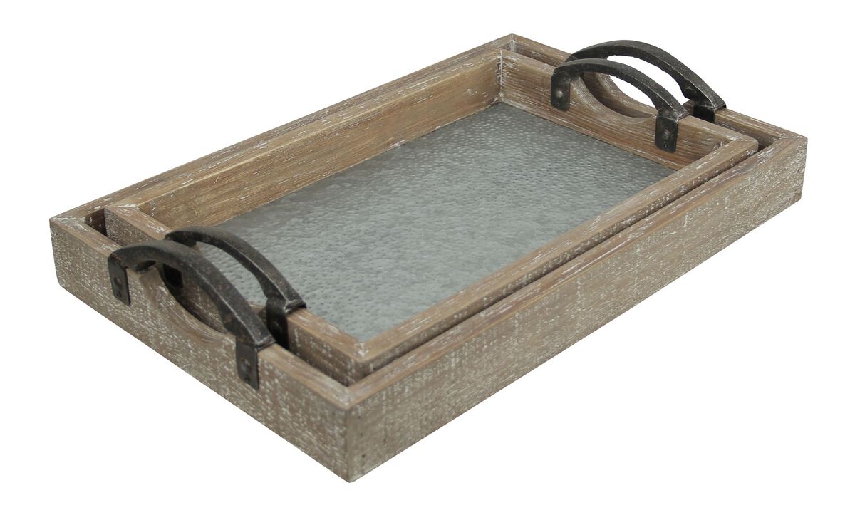 Set of 2 Gray and Brown Rectangular Galvanized Base Tray 19"