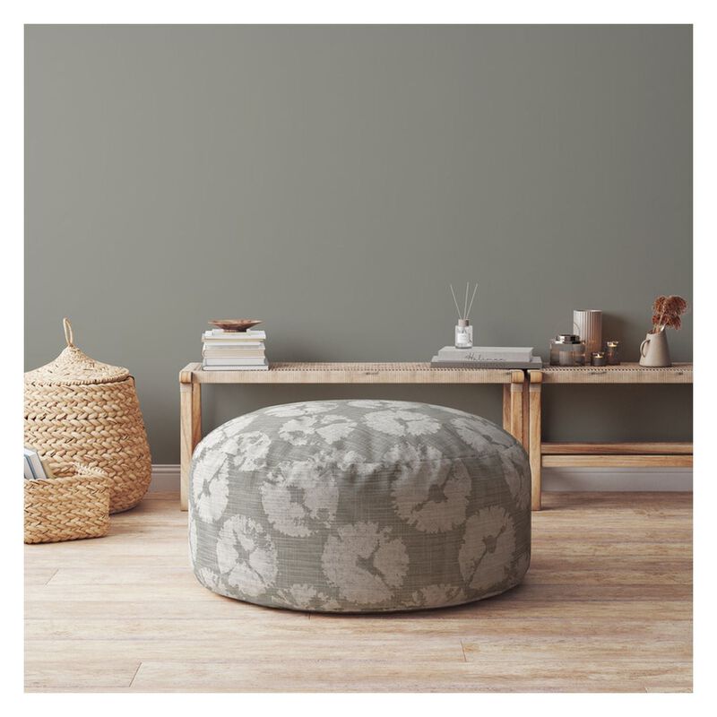 Homezia 24" Grey Canvas Round Floral Pouf Ottoman