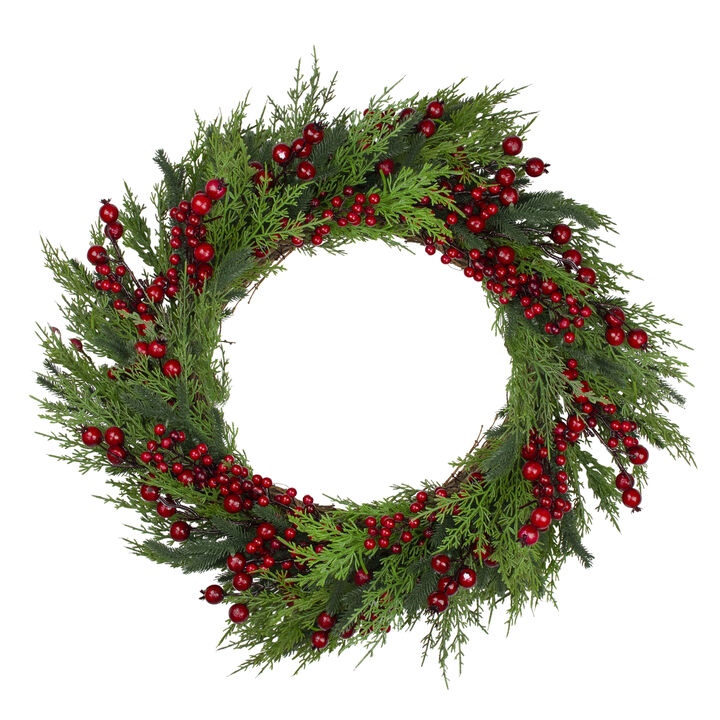 Mixed Pine and Berries Artificial Christmas Wreath - 26 inch  Unlit