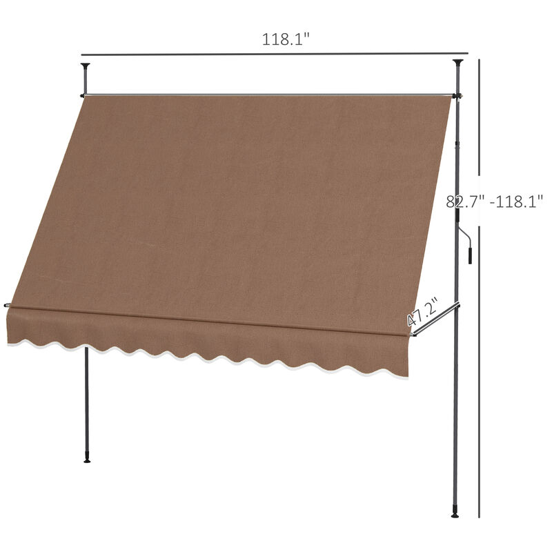Outsunny 10' x 4' Manual Retractable Awning, Non-Screw Freestanding Patio Sun Shade Shelter with Support Pole Stand and UV Resistant Fabric, for Window, Door, Porch, Deck, Coffee