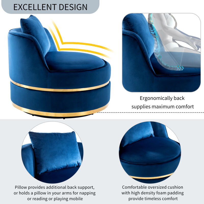 360 Degree Swivel Accent Chair Velvet Modern Upholstered Barrel Chair Over Sized Soft Chair with Seat Cushion for Living Room, Bedroom, Office, Apartment, Blue