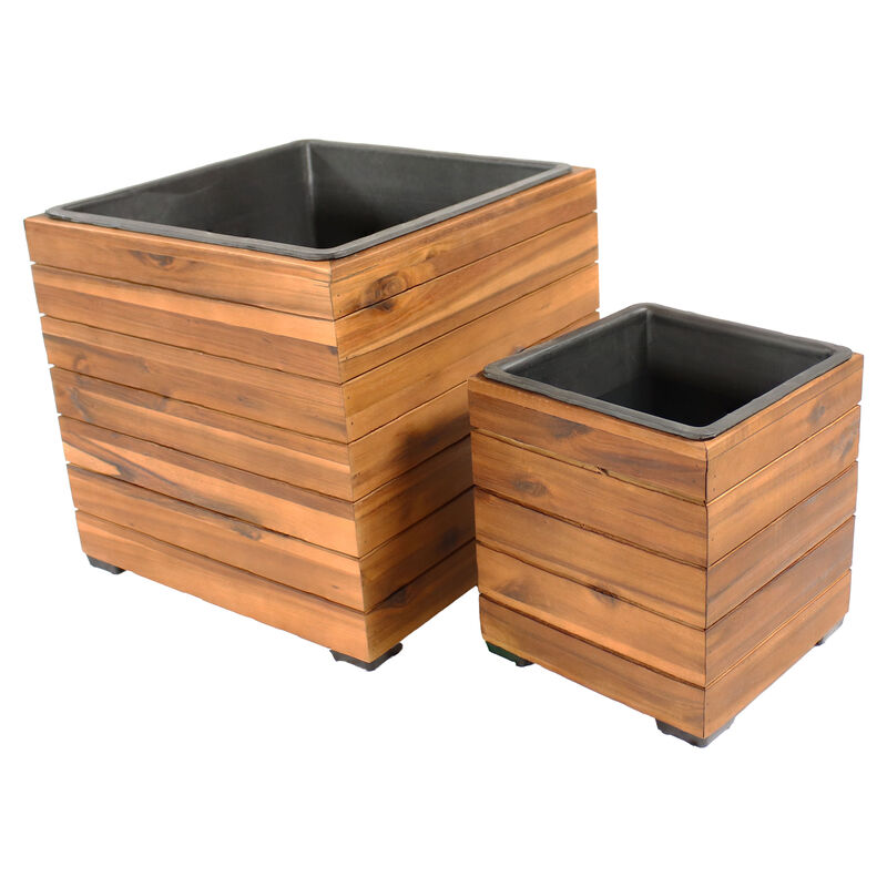 Sunnydaze 2-Piece Acacia Square Planter Boxes with Liners