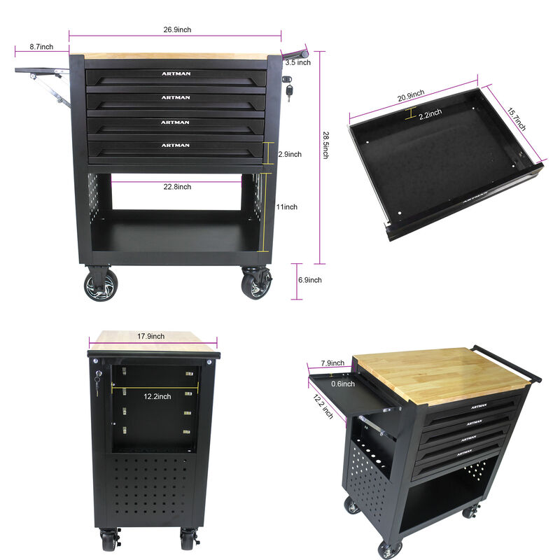 4 DRAWERS MULTIFUNCTIONAL TOOL CART WITH WHEELS AND WOODEN TOP