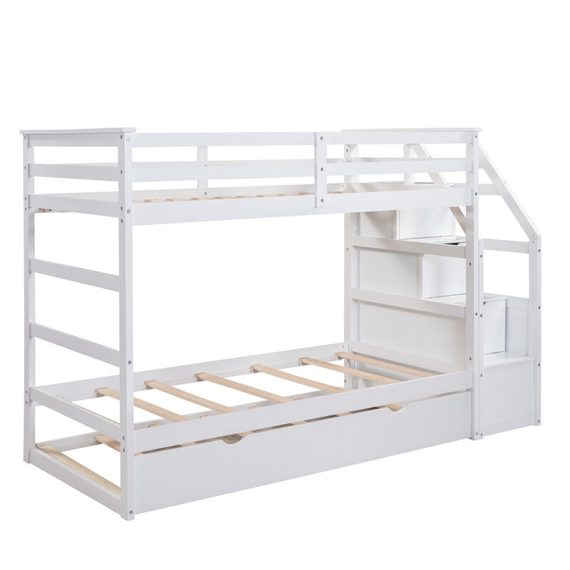 Twin-Over-Twin Bunk Bed with Twin Size Trundle and 3 Storage Stairs, White
