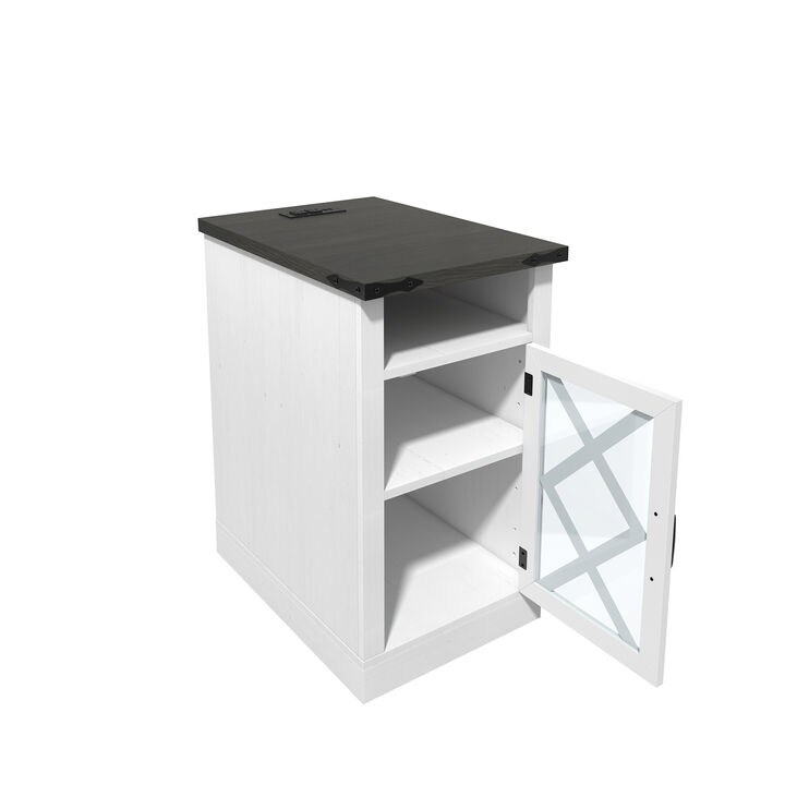 15.4" Farmhouse End Table Rustic Nightstand Wooden Sofa Side Table with Charging Station, Glass Door, Adjustable Shelf and 3-Tier Storage, White