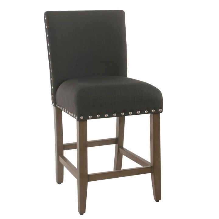 Fabric Upholstered Wooden Counter Height Stool with Nail Head Trim Accent, Black - Benzara