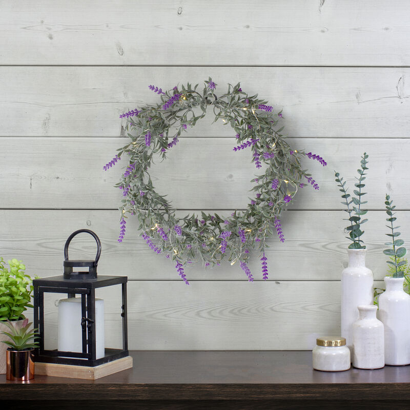 Pre-Lit Battery Operated Lavender Spring Wreath- 16" - White LED Lights