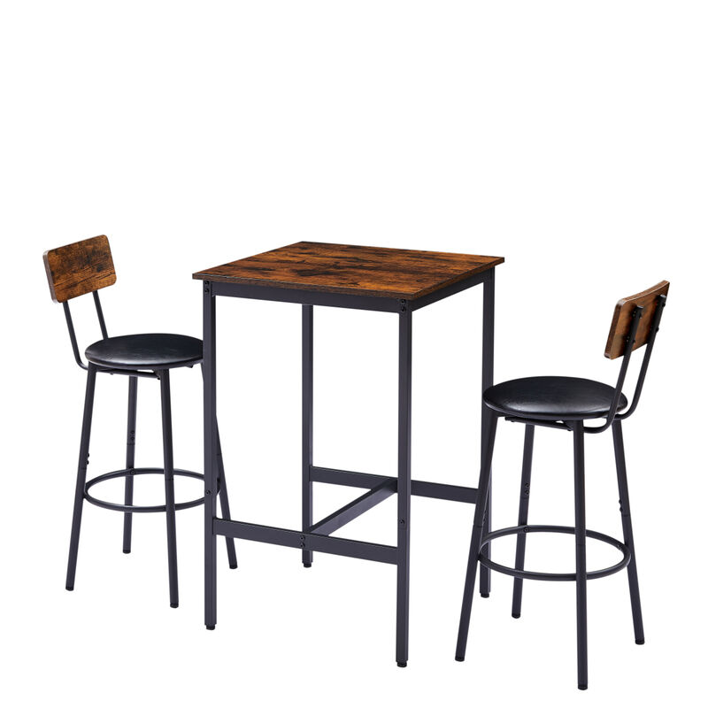 Rustic Brown Bar Table Set with 2 Stools, 23.62" W X 23.62" D X 35.43"