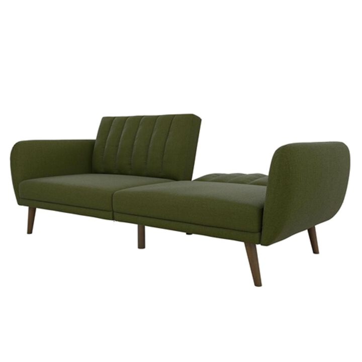 Linen Upholstered Futon Sofa Bed with Mid Century Style Wooden Legs
