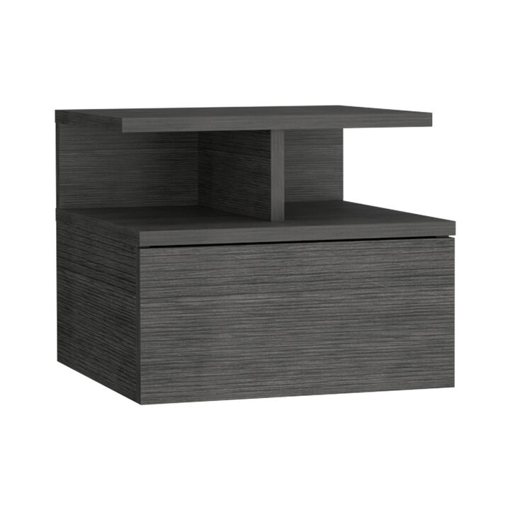 Adele Floating Nightstand with Drawer and Open Storage Shelves- Smokey Oak