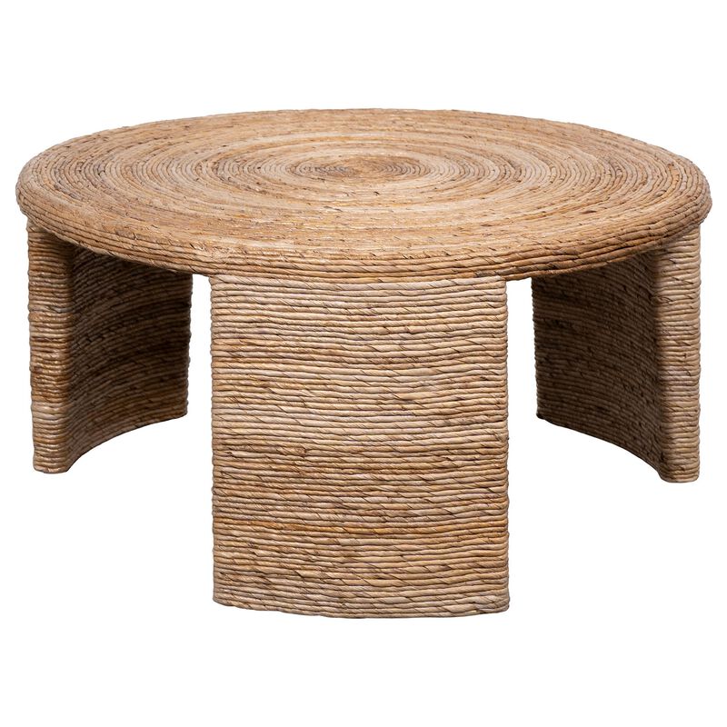 Asha 36 Inch Coffee Table, Round Shaped Top with Natural Rattan Wrapping - Benzara